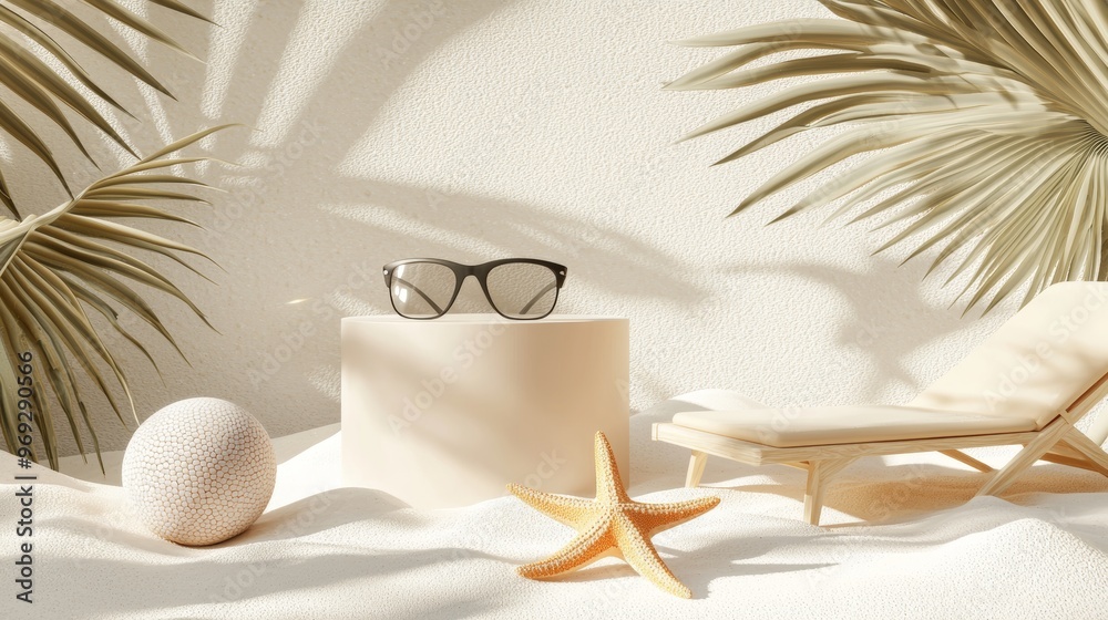 Poster an animated render of summer beach and sea holiday with podium displays, cute elements, and minimal 