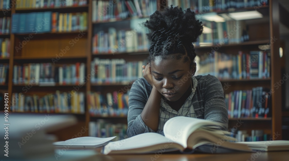 Poster A person studying in a quiet library setting with a focus on literature and knowledge