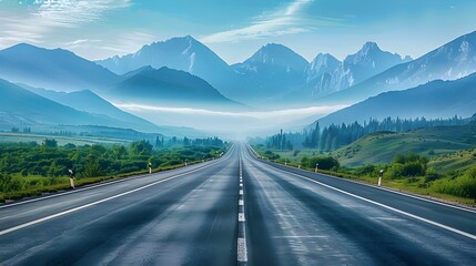 Fototapeta premium Road Less Travelled, One way highway road towards distant mountains, blue sky, motivation banner, persistence, mind set, HD, Wallpaper, distance 