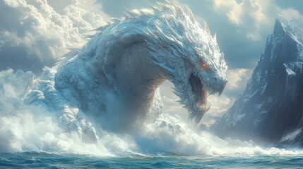 Obraz premium White Dragon Emerging From Ocean With Mountains in Background