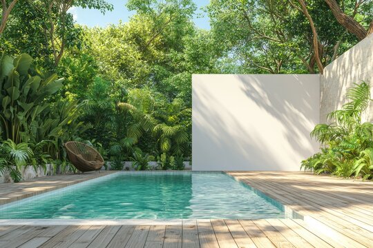 An exterior rendering of a swimming pool terrace with a blank wall for copy space, with wooden floors, green tiles in the pool, and an empty white wall surrounded by natural elements.