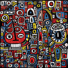 Colorful abstract artwork featuring geometric shapes and playful faces