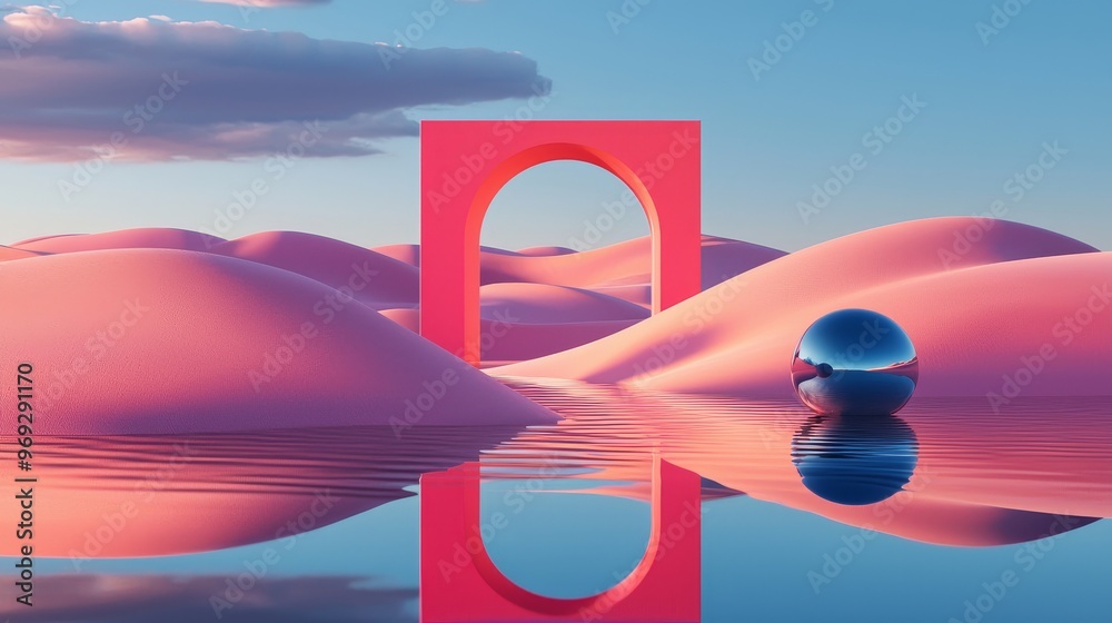 Wall mural This is a 3D render of a surreal landscape of a pastel dune reflected in a glass arch over grasslands with metallic balls, with a dreamy and fantastic background.