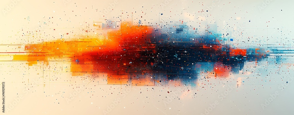 Poster featuring geometric shapes and flowing lines, this abstract digital art features vibrant red and blu