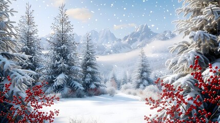 White Christmas landscape, Snow, Christmas trees in the snow, Pine tress, Greeting Card, Background, HD, Wall print, illustration, artwork, banner , with red berries
