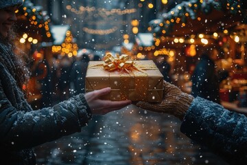 Outdoor Christmas market scene, friends exchanging small gifts with festive stalls and lights in the background, copy space for stock photo with minimal concept, No logo, No Trademark, No text