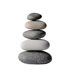 Balanced stack of smooth zen stones isolated on a white background, representing tranquility, balance, wellness, and peace.