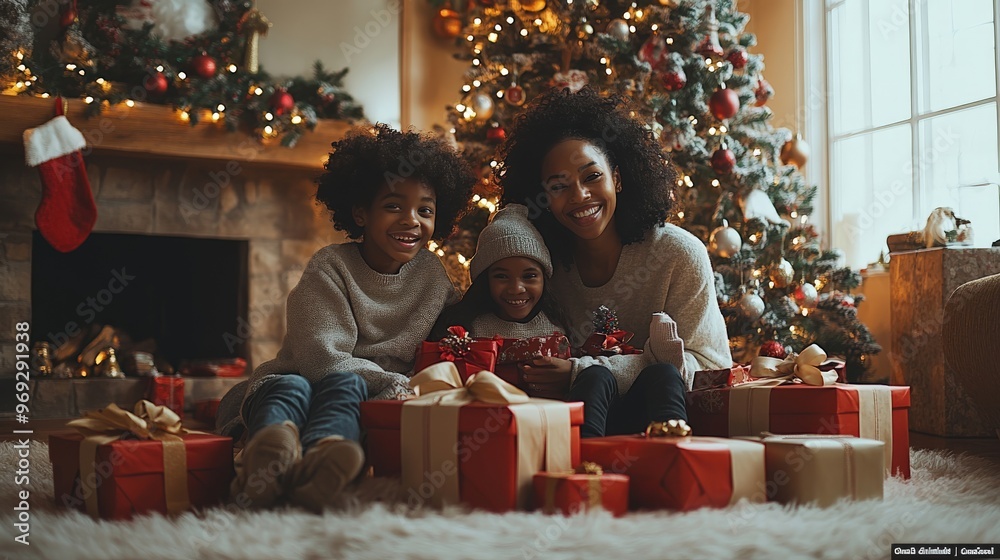 Wall mural family gathered around a brightly lit christmas tree, exchanging gifts with excitement and joy, copy