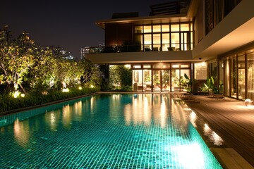 Luxury backyard swimming pool lighting business. Relaxed lifestyle and contemporary design.