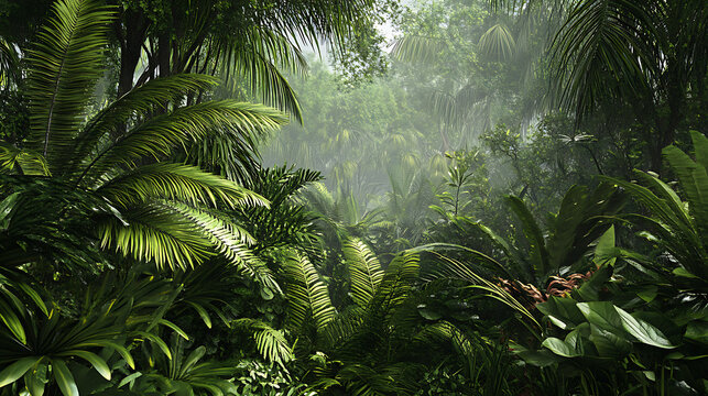 A rainforest floor scene with various Amazonian plants such as ferns, shrubs, and ground cover species 