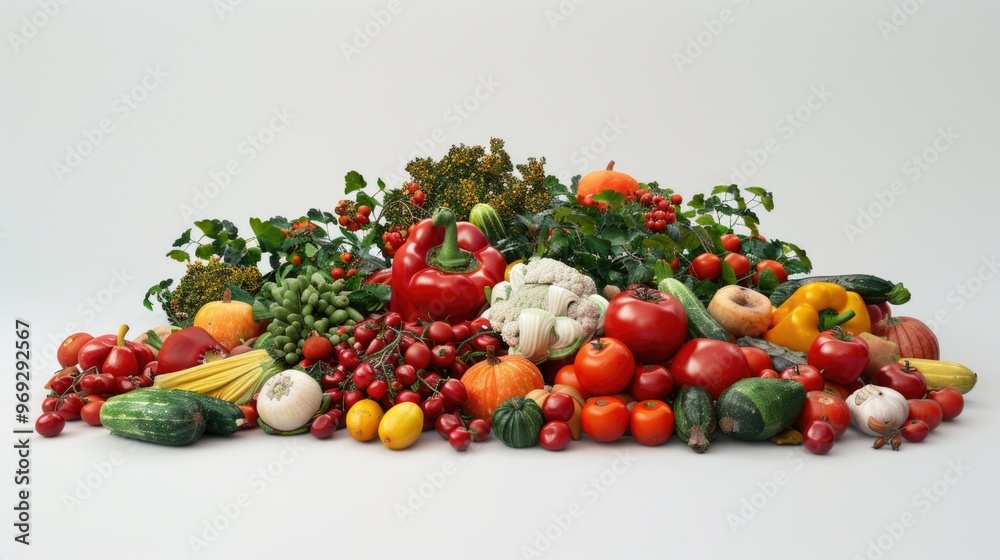 Poster a colorful arrangement of various fruits and vegetables on a surface