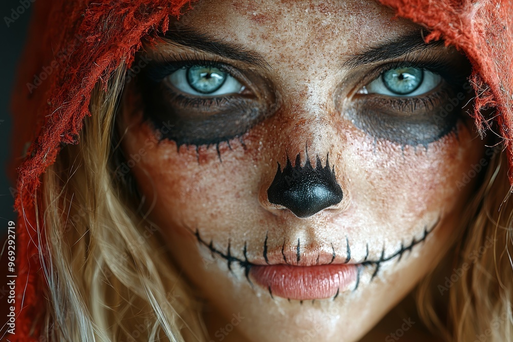 Poster She wears a red cape, hood, and has Halloween sugar skull face art, makeup, looks at the camera, and poses close up. Close up studio portrait. Dark, black background. Copy, empty space for text.