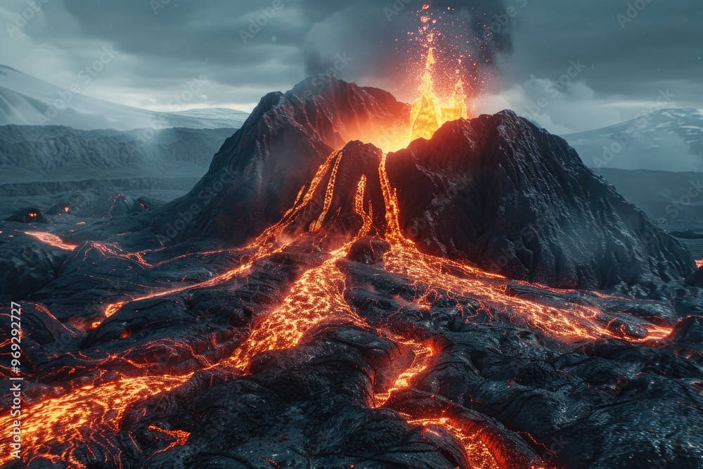 Wall mural A volcanic eruption spews hot lava into the air