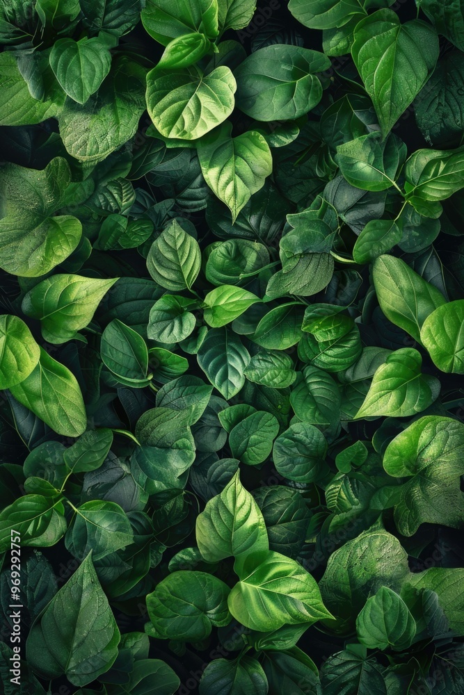 Poster a close-up shot of a bunch of green leaves, ideal for use in nature-themed designs and projects