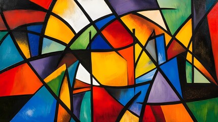 Bold abstract composition with a mix of sharp and smooth elements in primary colors.