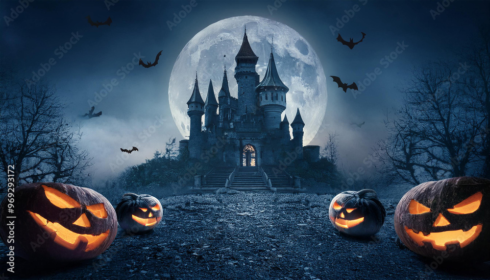 Wall mural Halloween background with scary pumpkins candles in the graveyard at night with a castle background