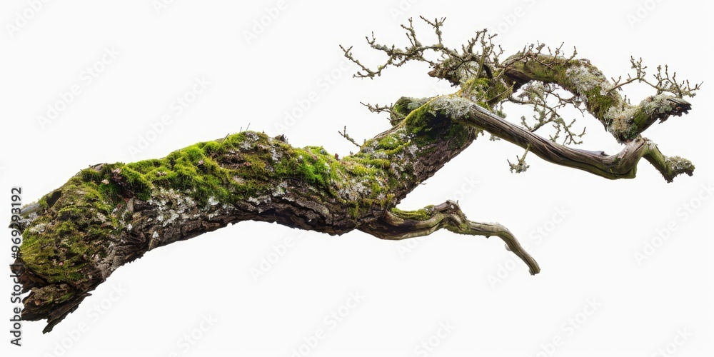 Poster a natural scene with a moss-covered tree branch on a white background, ideal for use in nature-inspi