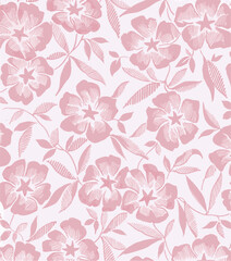 Floral pattern of pink hand-drawn flowers and leaves on a white background. ideal for feminine and romantic designs.