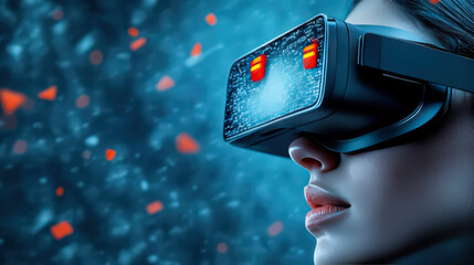Woman wearing VR headset with digital overlay  futuristic technology concept