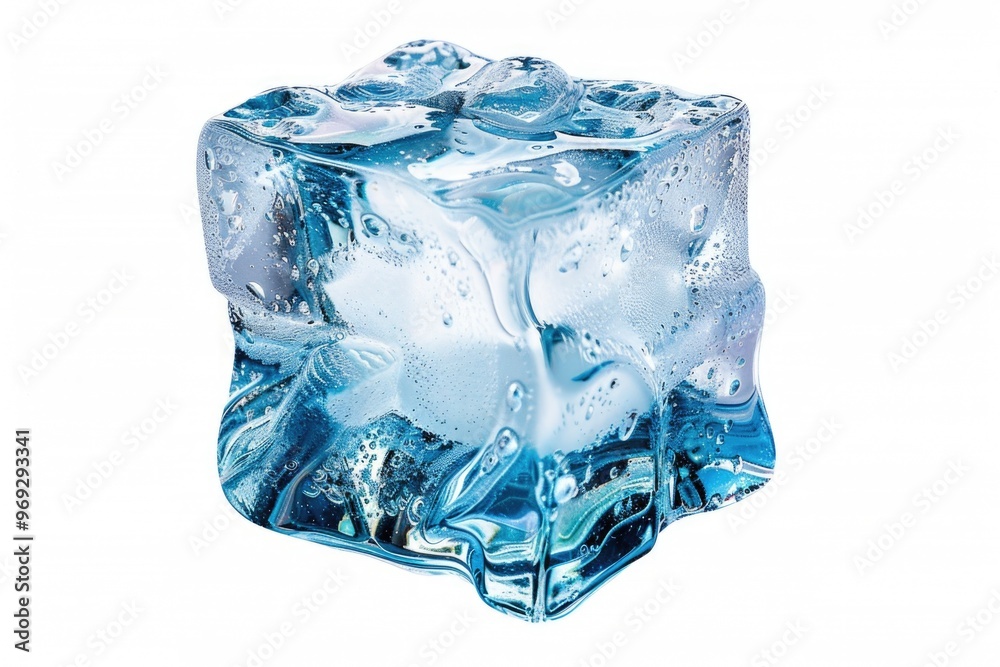 Poster close-up shot of a single ice cube on a white background