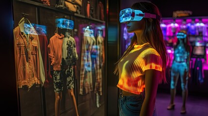 Fototapeta premium A scene of a person using augmented reality to virtually try on different outfits, with holographic clothing projected onto their body while standing in front of a mirror.