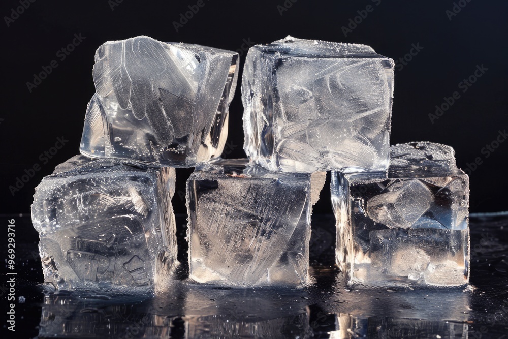 Sticker A cluster of ice cubes sitting on a table, great for illustrations about cooling or temperature