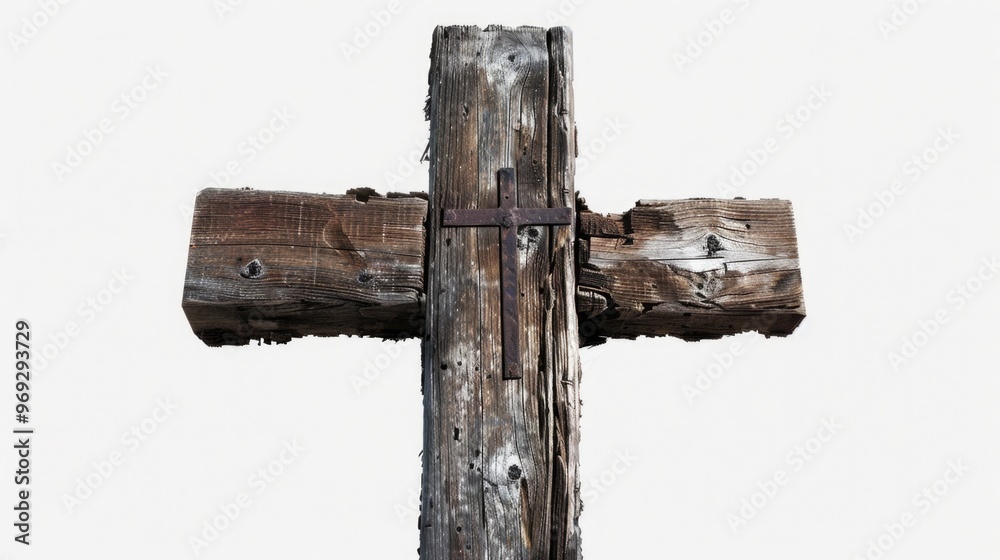 Poster a detailed image of a wooden cross against a white background, suitable for use in various contexts 