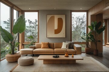 Fototapeta premium Modern living room with natural light, plants, and minimalist decor.