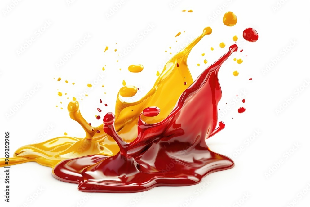 Poster A vibrant mixture of red and yellow liquids creating a dynamic splash on a white surface