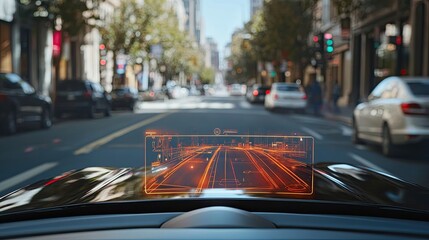 A photorealistic view of an augmented reality driving assistant overlaying directions, speed, and nearby points of interest directly onto the windshield of a car.