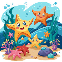 a colorful and playful illustration of an underwater scene featuring cartoon starfish. There are three main starfish with smiling faces, two larger ones and a smaller one