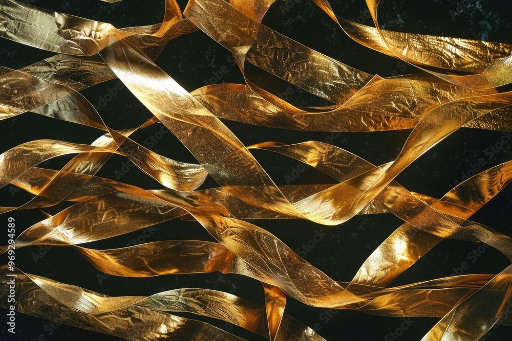 Poster a close-up shot of a bundle of shiny golden ribbons, ideal for uses such as gift wrapping or craftin