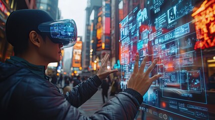 Obraz premium A detailed shot of a traveler using augmented reality to navigate a foreign city, with street names, restaurant reviews, and directions overlaid onto their surroundings.