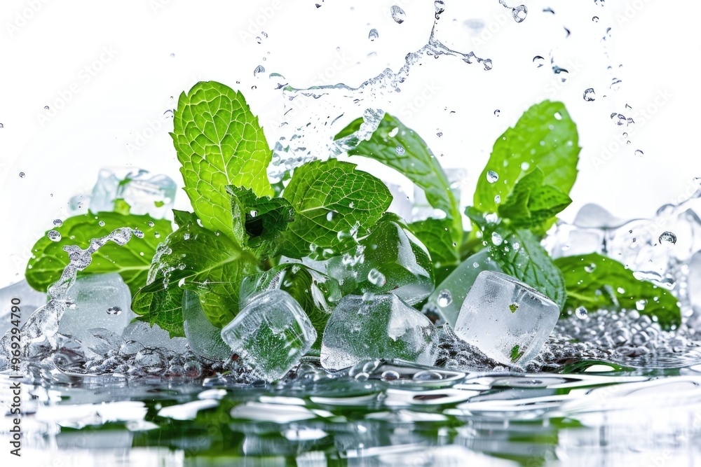 Poster fresh ice cubes with a sprig of mint, perfect for cooling drinks or adding a touch of green to your 