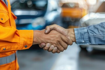 Two businessmen meet and shake hands in a parking lot, discussing business deals