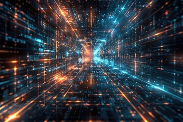 Fototapeta premium A tunnel of blue and orange lights, perfect for use in futuristic or technological backgrounds