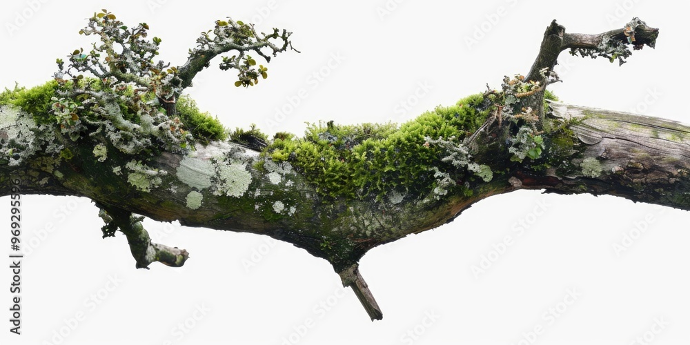 Poster a close-up of a moss-covered tree branch on a white background