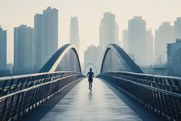 Obraz premium Runner on Bridge in Urban Skyline