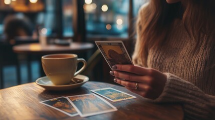 A woman enjoys a cozy café atmosphere while reading tarot cards with a coffee cup nearby during a relaxed evening