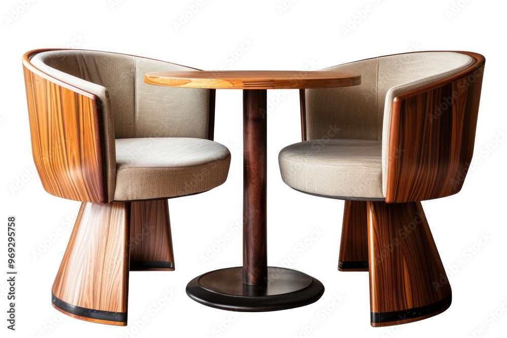 Aufkleber a simple wooden table surrounded by two chairs, ideal for use in still life photography or as a prop