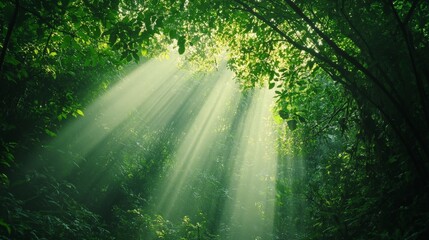 Obraz premium A high-resolution background image of a lush green forest, with sunlight filtering through the trees.