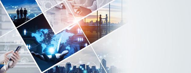 Various business scenes and technology concept. Wide angle visual for banners or advertisements.