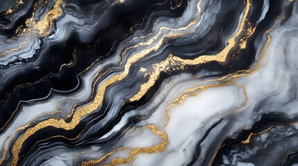 Abstract marble texture with metallic gold veins running through black and white swirls.