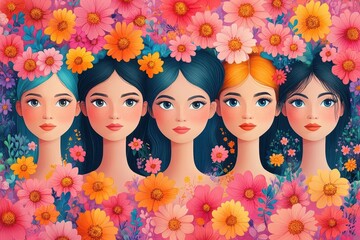 whimsical celebration banner multiple cartoon women faces pastel pink background graphic illustration style 8 march text playful composition feminine color palette