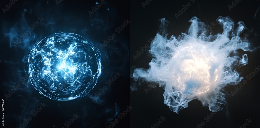 Poster The dynamic energy burst visual effect uses swirling blue particles on black, transparent backgrounds. It's perfect for layer overlays, overlays, and background blends.