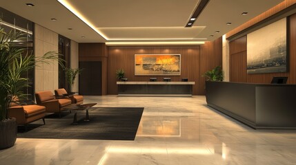 Fototapeta premium A high-resolution image of a modern office lobby with sleek furniture, contemporary artwork, and a reception desk.
