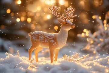 whimsical christmas scene with vintage toy reindeer twinkling fairy lights soft focus snowflakes warm golden glow in background