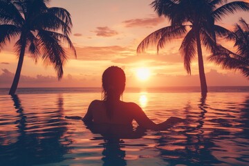 Fototapeta premium A serene sunset view over a tranquil pool surrounded by palm trees. A silhouette of a person enjoying nature. Ideal for travel and relaxation themes. Generative AI