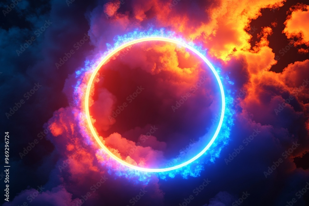Poster an ai collage image with mystical geometry figures and neon light effects