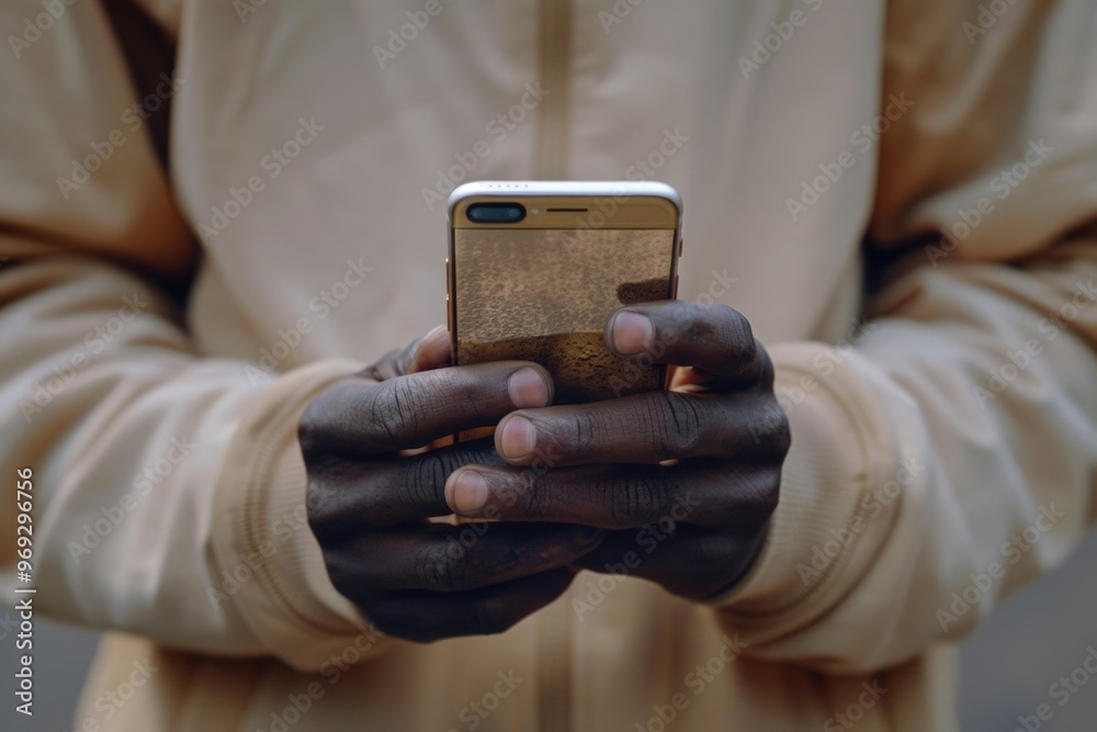 Poster a person holding a cell phone, possibly checking messages or making a call